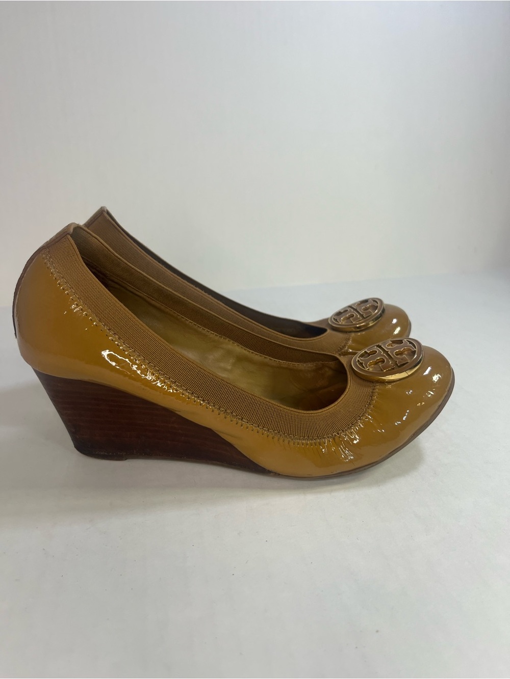 Tory Burch Mustard Patent Leather Logo Wedge Pumps